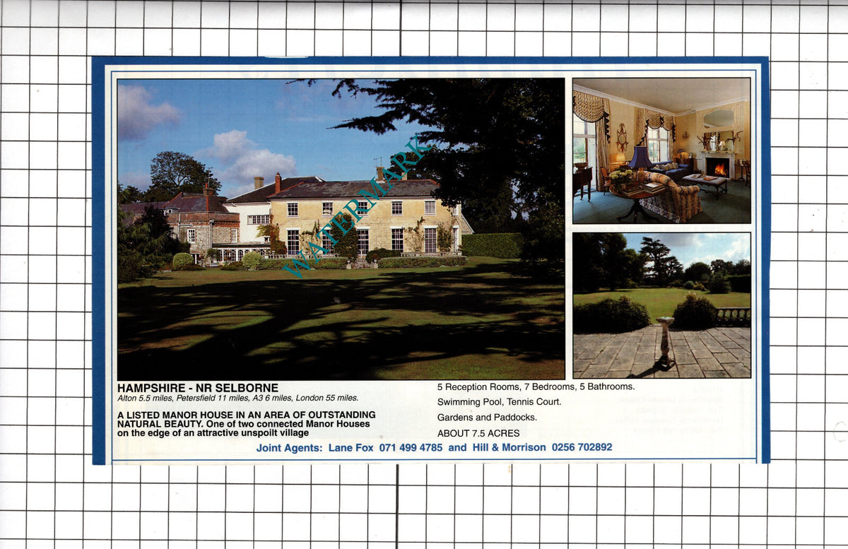 Selborne Hampshire Manor House Sale Advert - 1994 Cutting