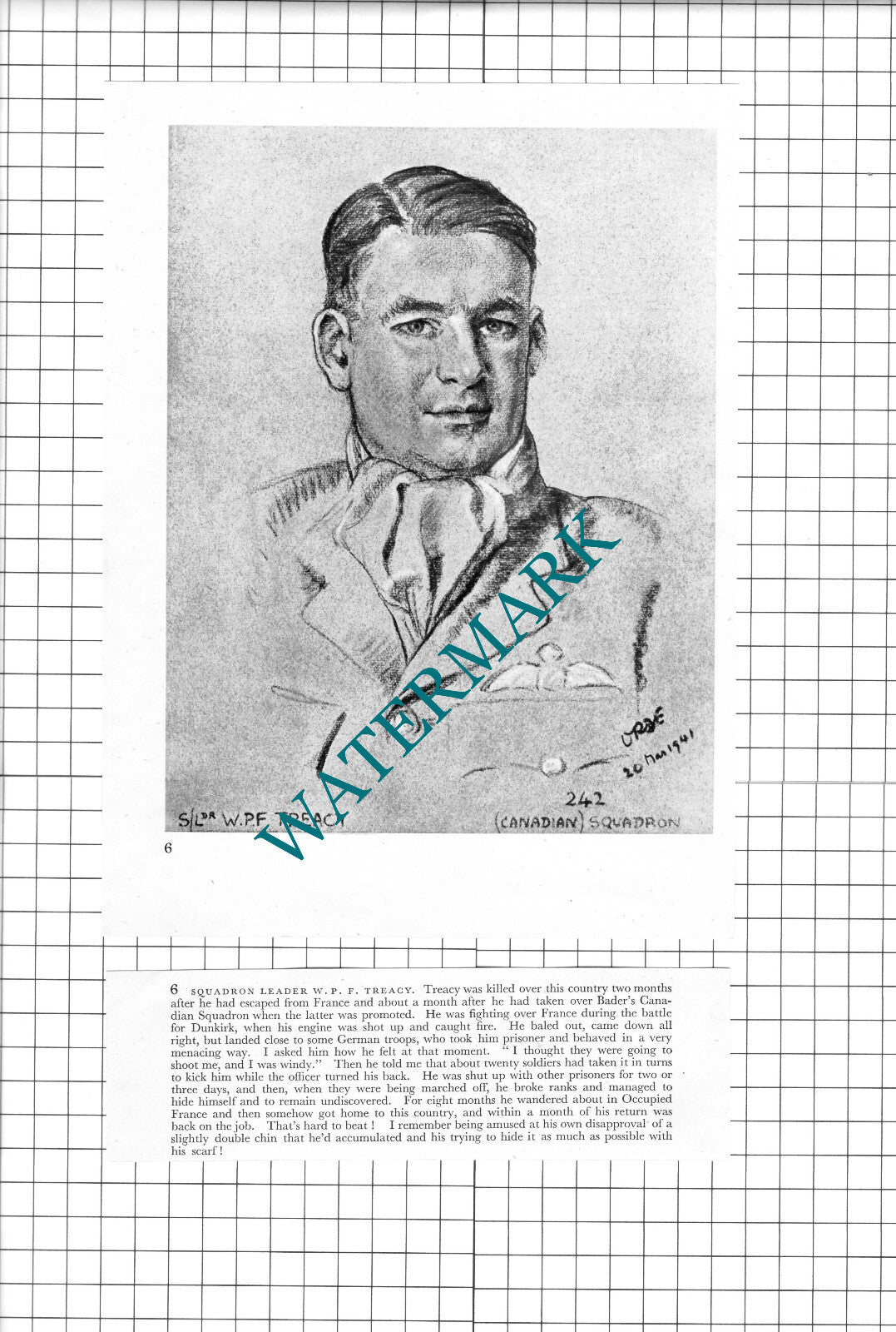 Squadron Leader W P F Treacy WW2 Pilot - 1942 Book Print & Short Text