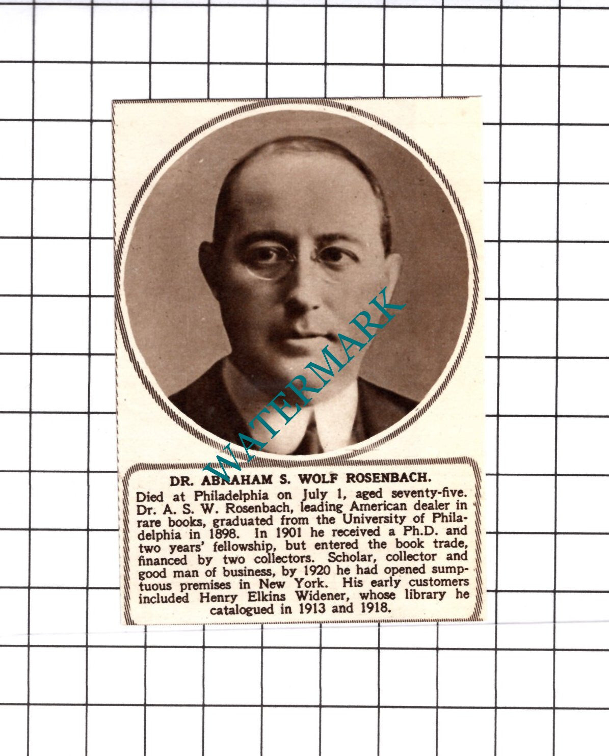 Dr Abraham S Wolf Rosenbach Obituary - 1952 Small Cutting