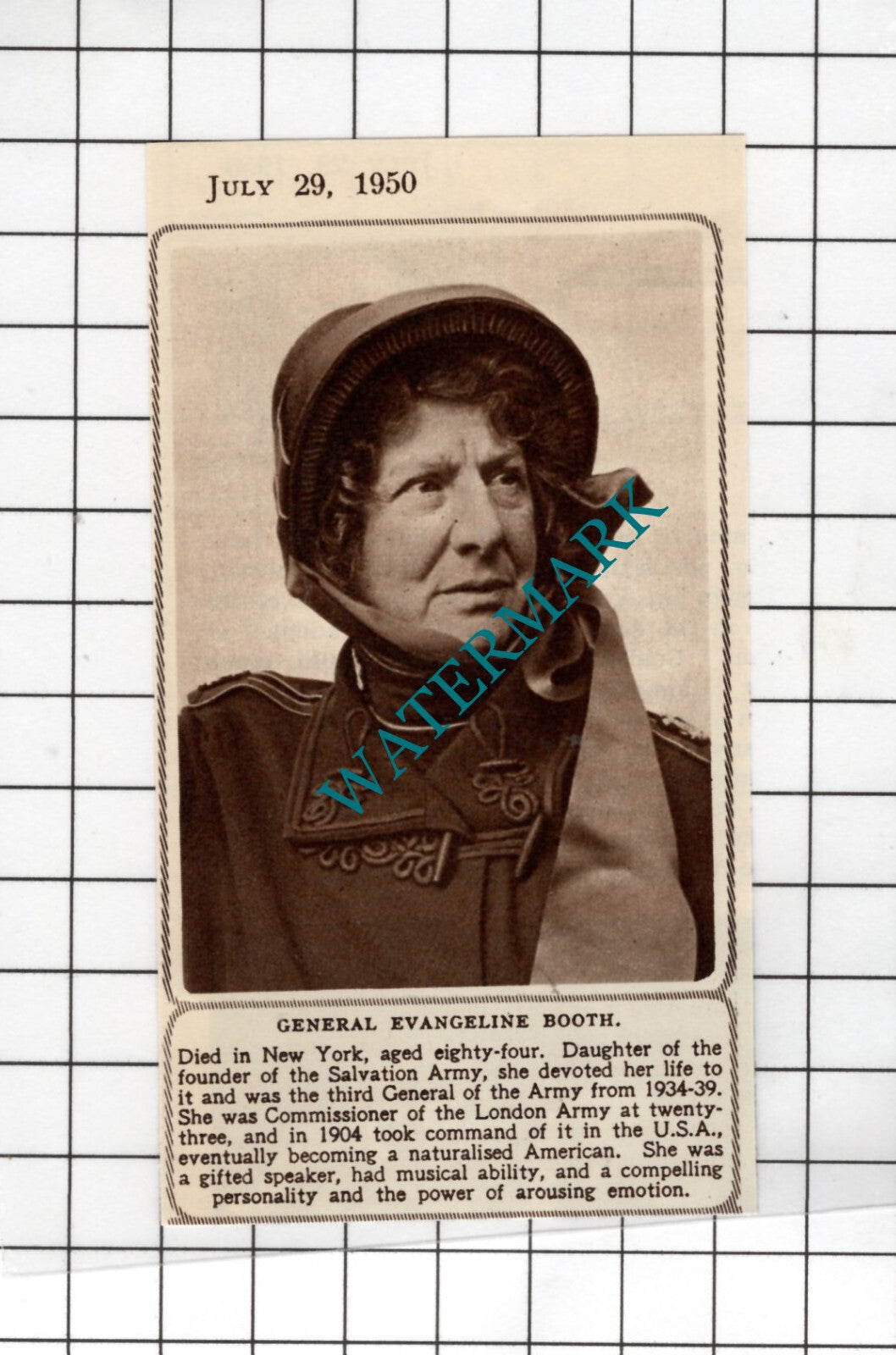 General Evangeline Booth Salvation Army Obituary - 1950 Small Cutting