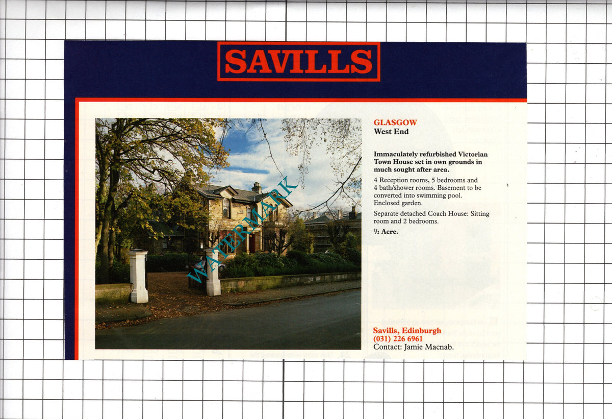 West End Glasgow Scotland House Sale Advert - 1990 Cutting