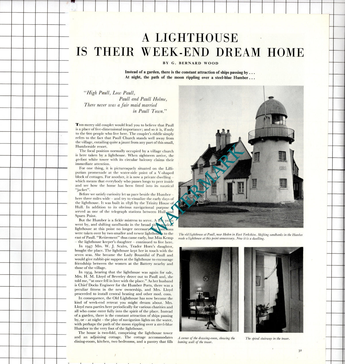 Paull Lighthouse Hedon East Yorkshire Mrs H M Lloyd Beverley - 1957 Article