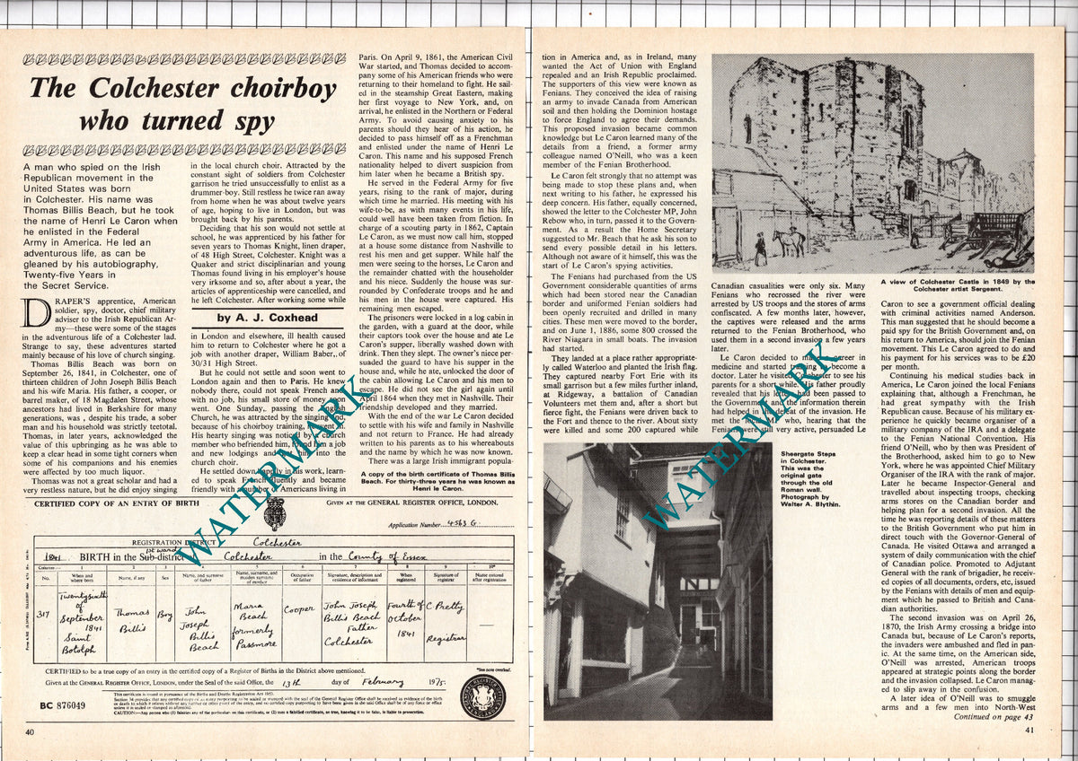 Thomas Billis Beach Henri Le Caron Colchester Essex Spy - 1978 Article