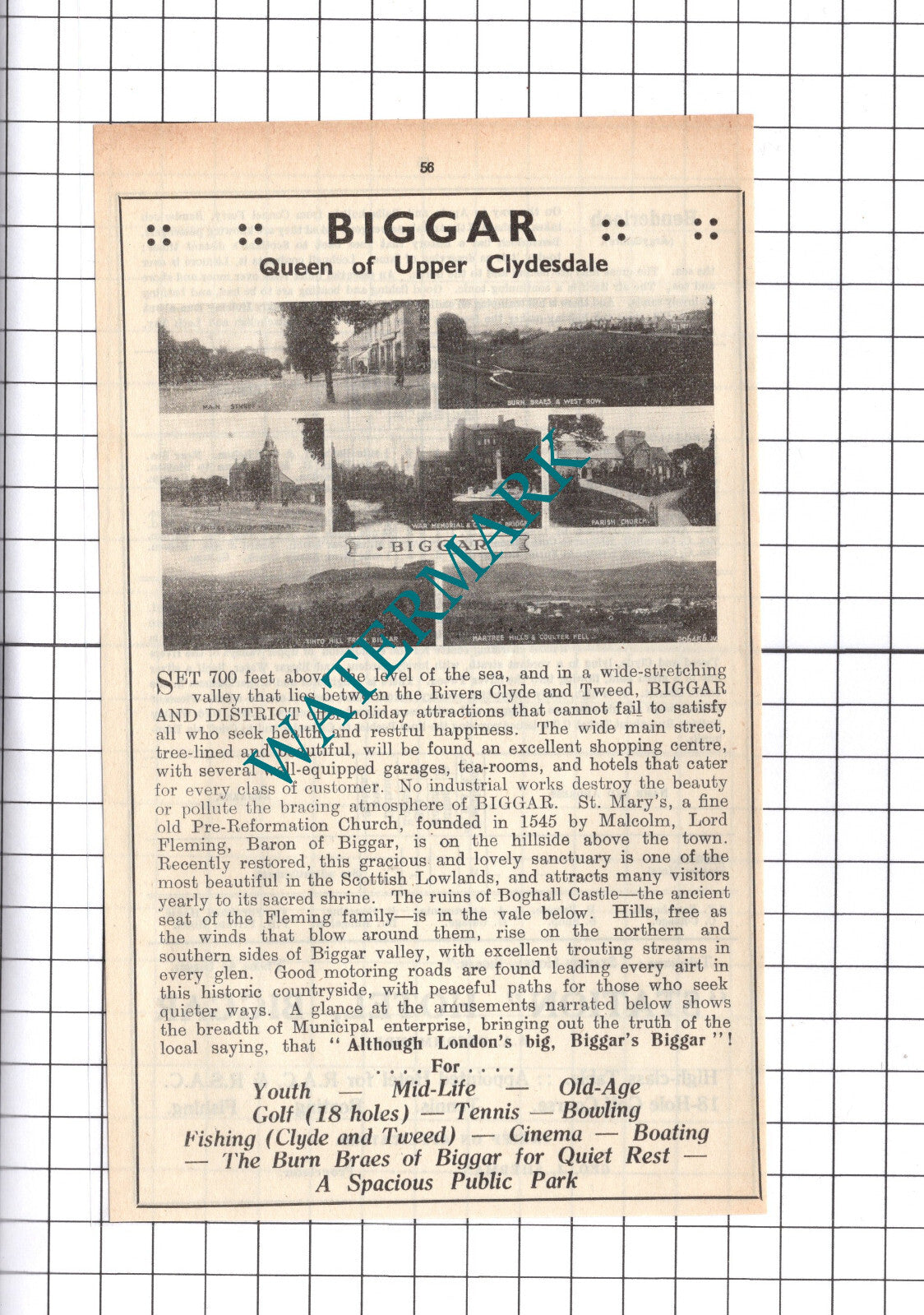 Biggar Scotland Holiday Advert - 1939 Clipping / Print