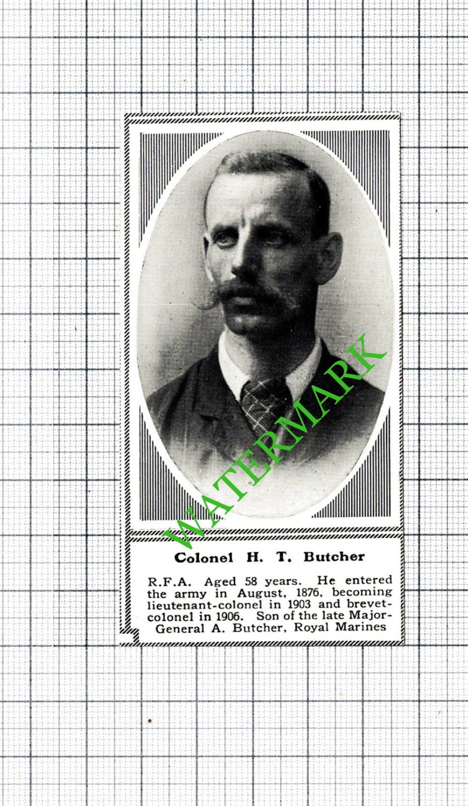 Colonel H T Butcher RFA WW1 World War One - c.1918 SMALL Cutting