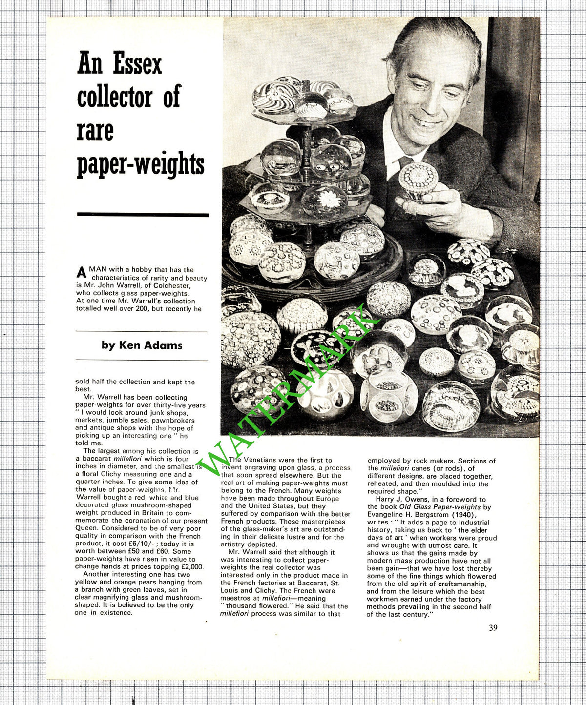 John Warrell Colchester Essex Paperweight Collector - 1971 Cutting