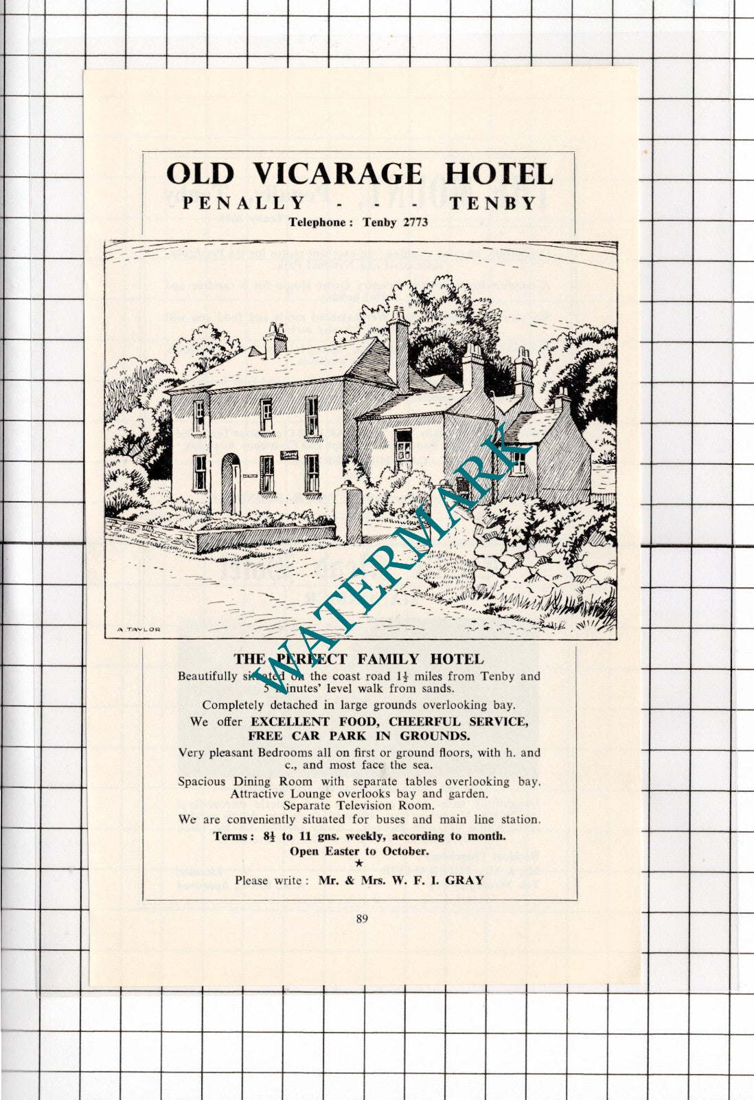 Old Vicarage Hotel Penally Tenby Wales Mr & Mrs WFI Gray Advert -c.1962 Cutting