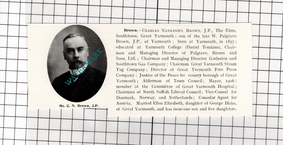 Charles Nathaniel Brown The Elms Southtown Great Yarmouth Norfolk -1911 Clipping