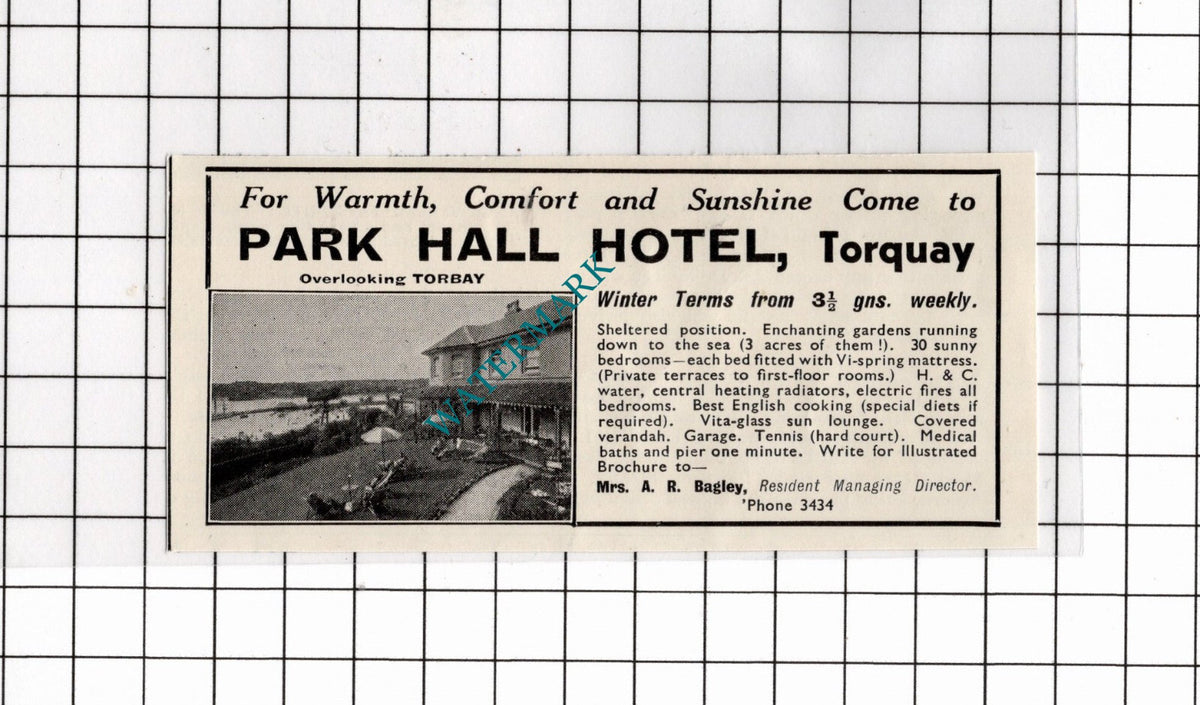 Park Hall Hotel Torquay Mrs A R Bagley - 1936 Small Advert
