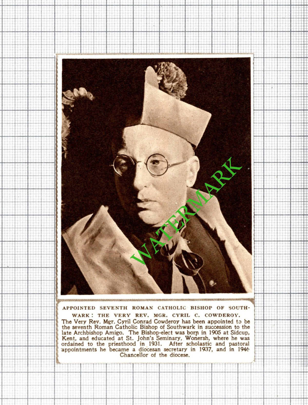 Very Rev Mgr Cyril Conrad Cowderoy Bishop Of Southwark - 1949 Small Cutting