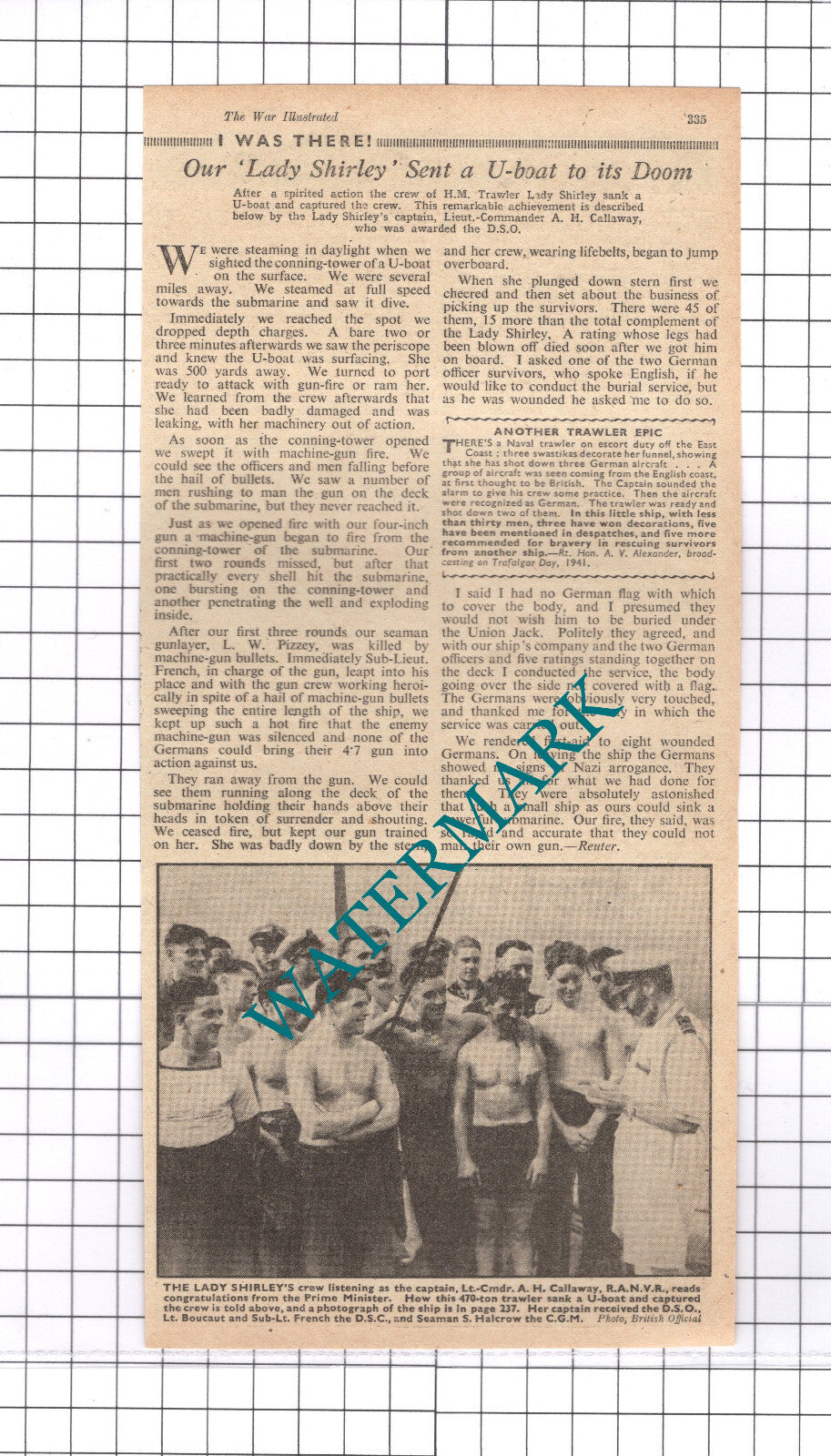 HM Trawler LADY SHIRLEY Sinks U-Boat Callaway Halcrow WW2 - 1941 Clipping