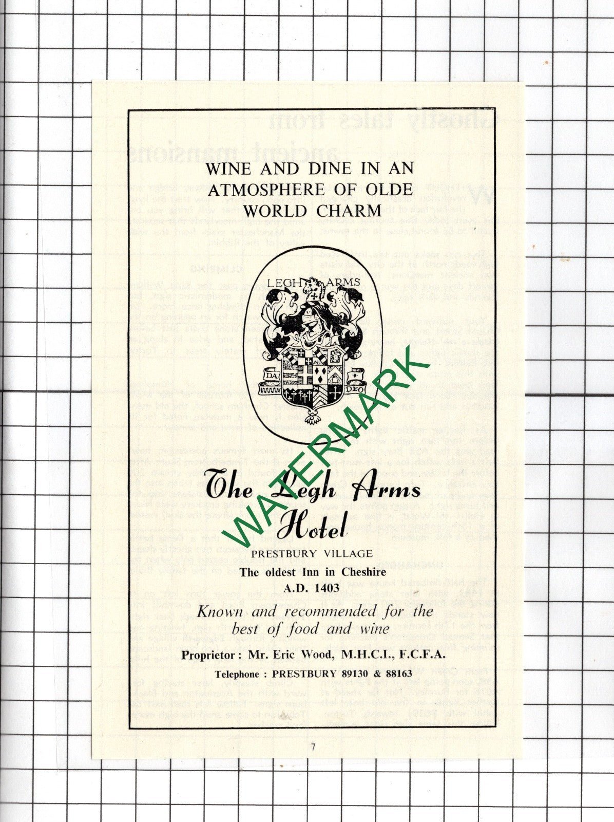 The Legh Arms Hotel Prestbury Cheshire Mr Eric Wood - 1966 Small Advert