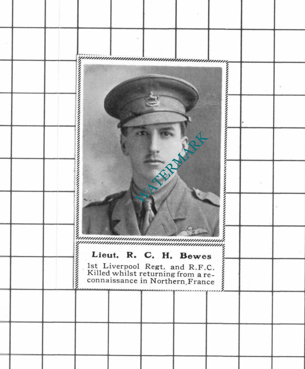 Lt R C H Bewes 1st Liverpool Regt RFC WW1 -c.1918 SMALL Clipping / Print