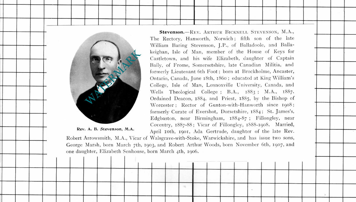 Rev Arthur Bicknell Stevenson The Rectory Hanworth Norfolk - 1911 Cutting