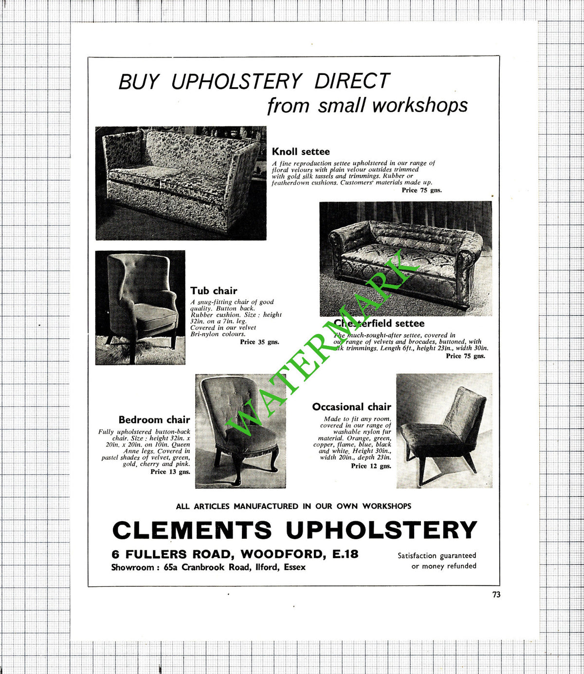 Clements Upholstery Woodford Essex Advert - 1968 Cutting / Print