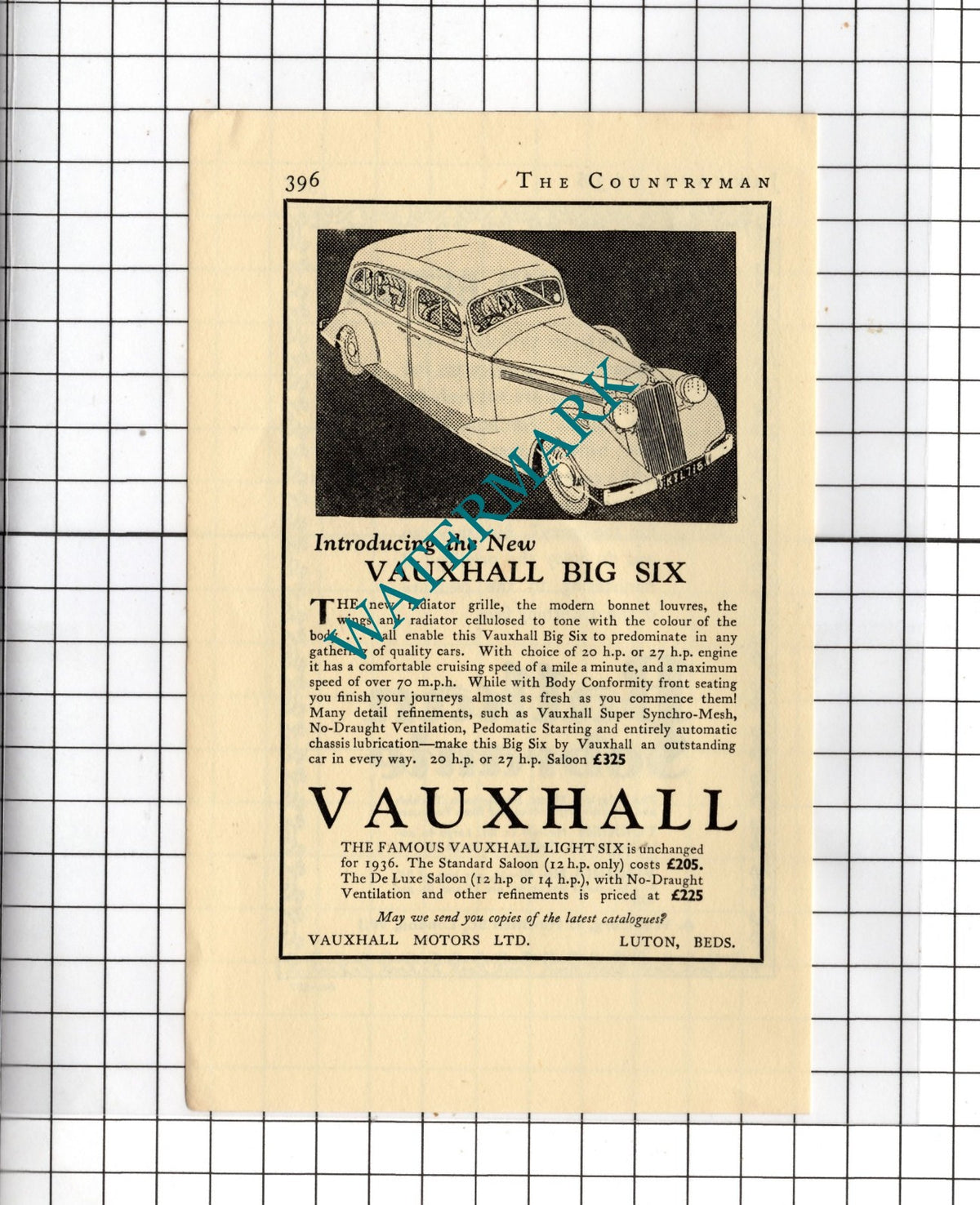 Vauxhall Big Six Car Advert - 1936 Small Advert