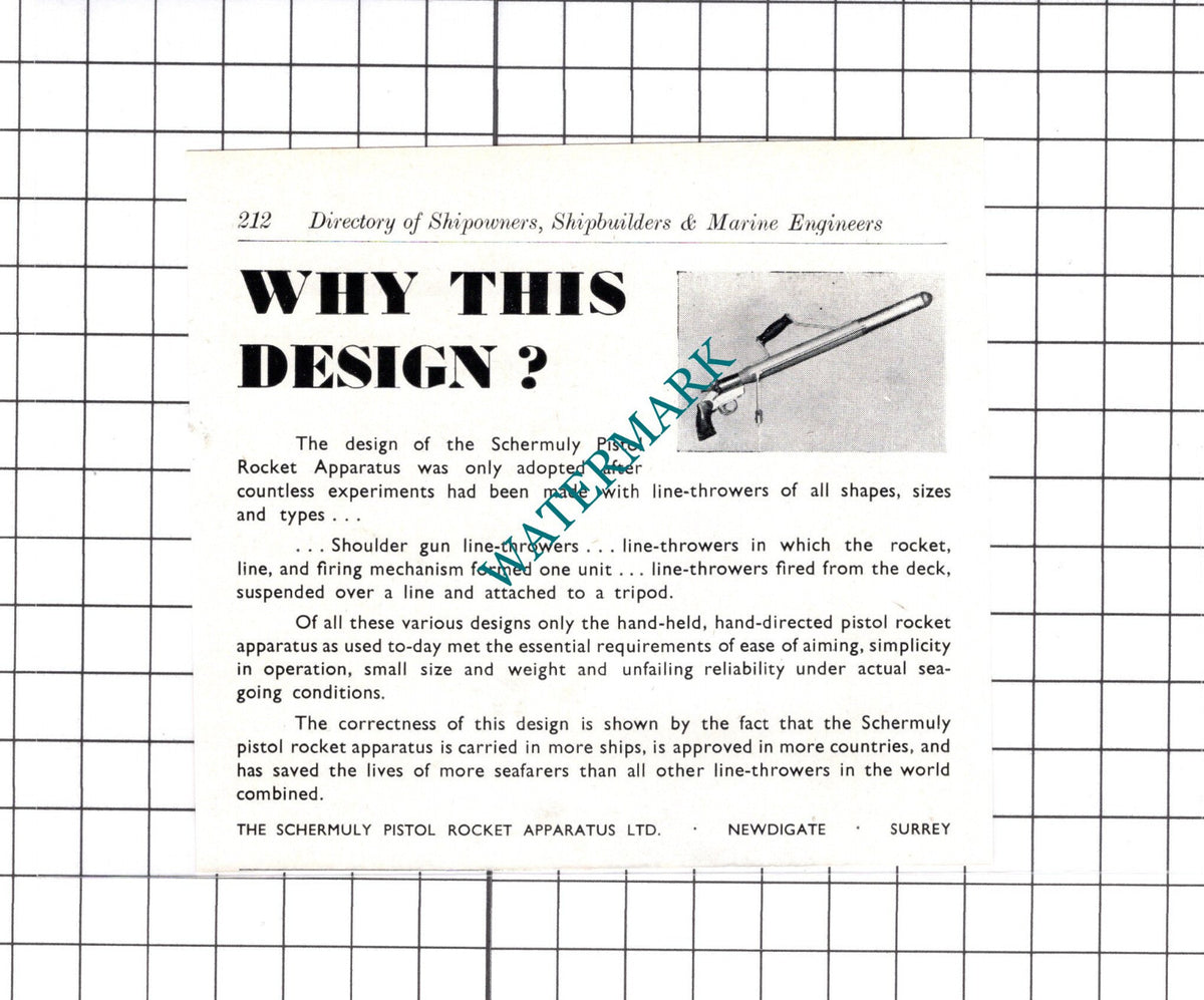 The Schermuly Pistol Rocket Apparatus Ltd Newdigate Surrey- c.1957 SMALL ADVERT