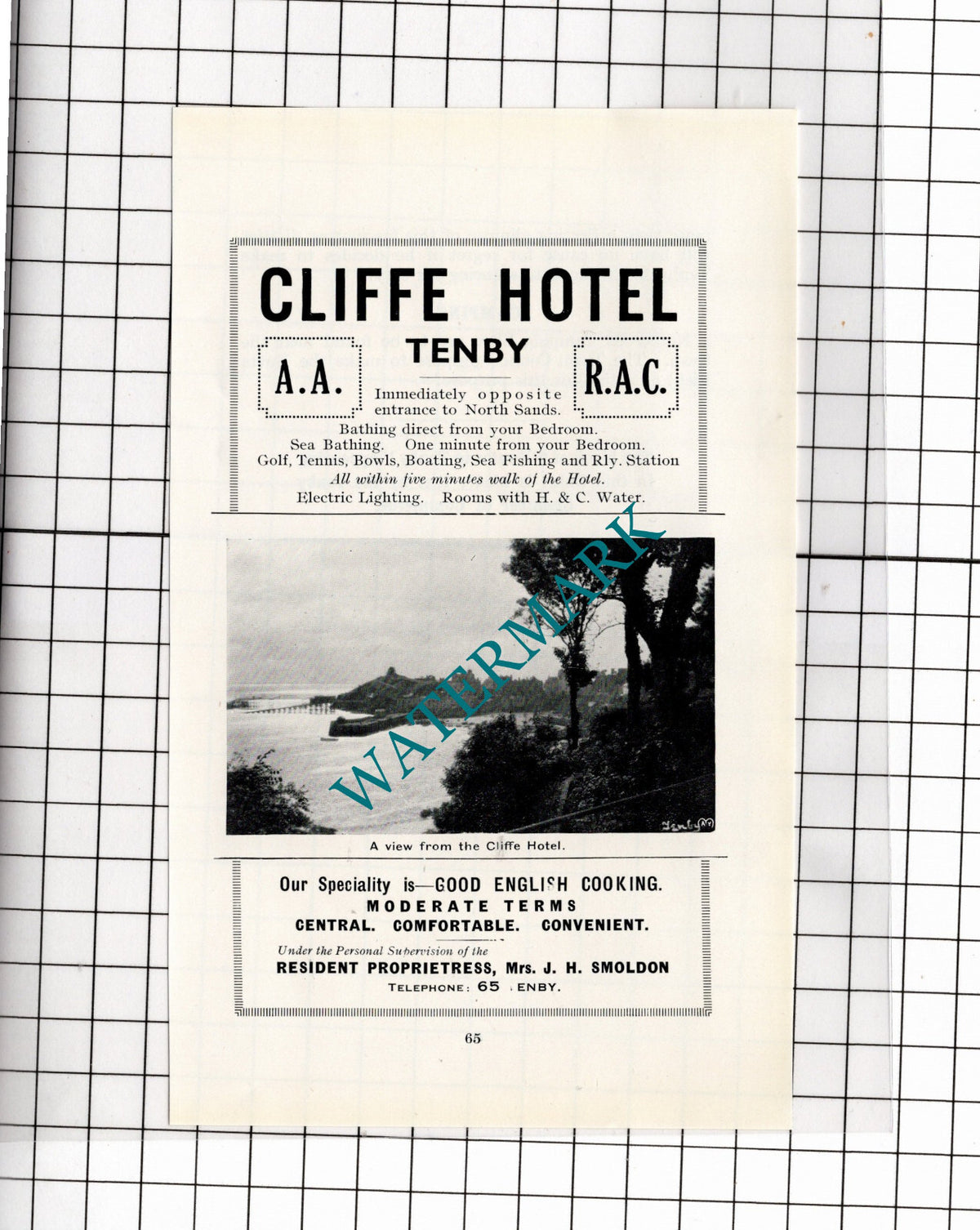 Cliffe Hotel Tenby Wales Mrs J H Smoldon Small ADVERT - 1936 Clipping