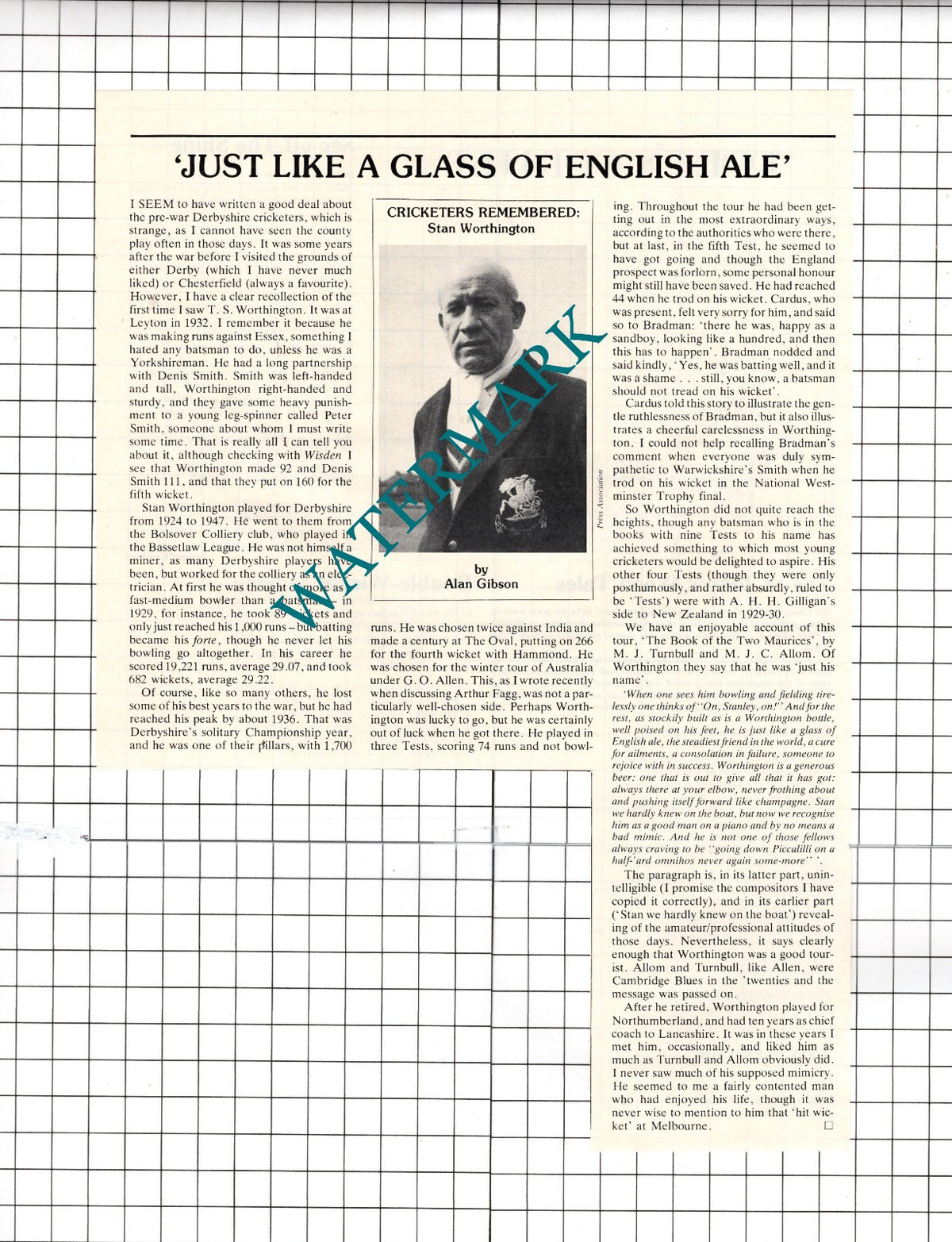 Stan Worthington Cricketer - 1982 Clipping