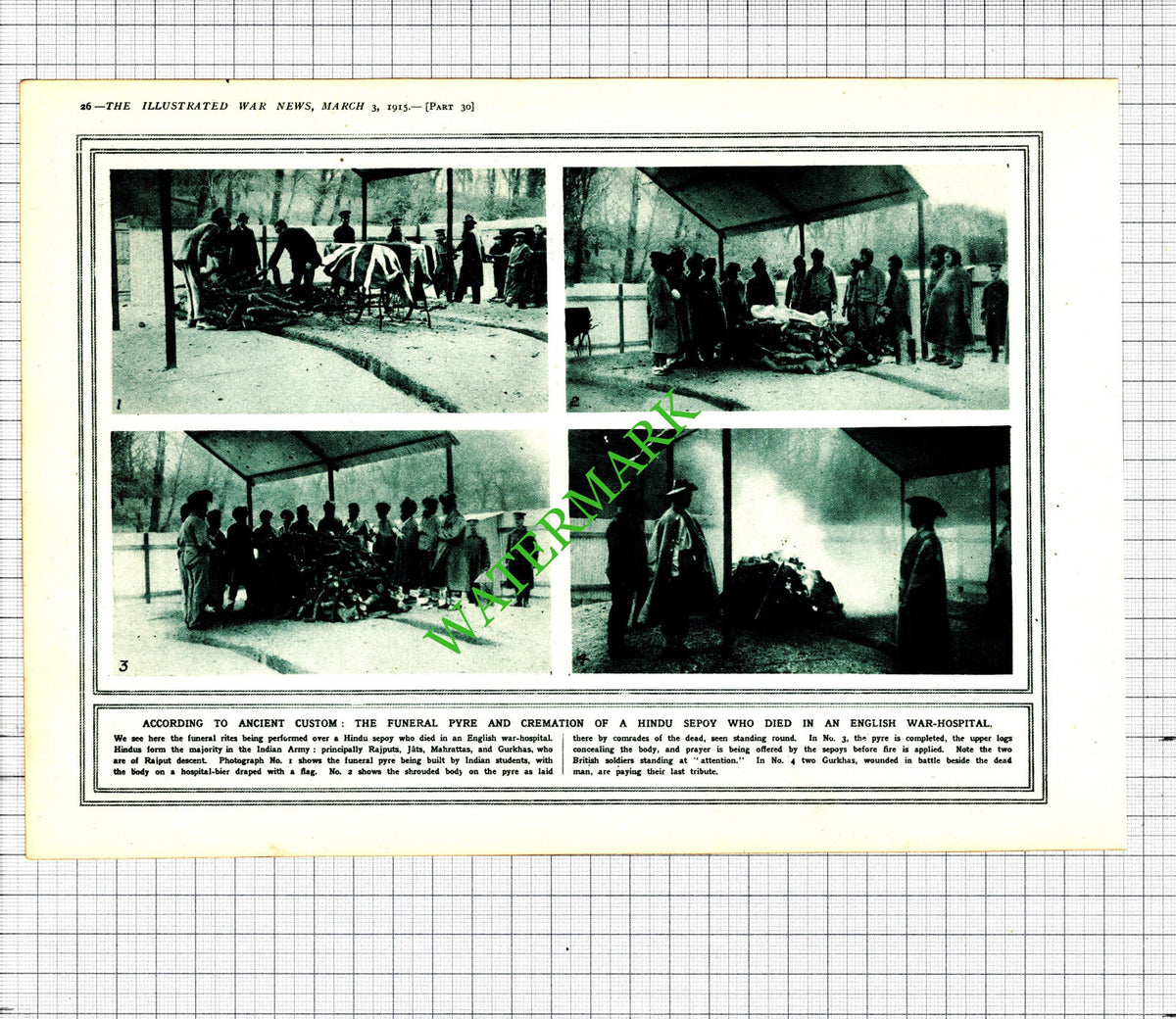 Hindu Sepoy Funeral Pyre Great War English Hospital WW1 -- 1915 Cutting
