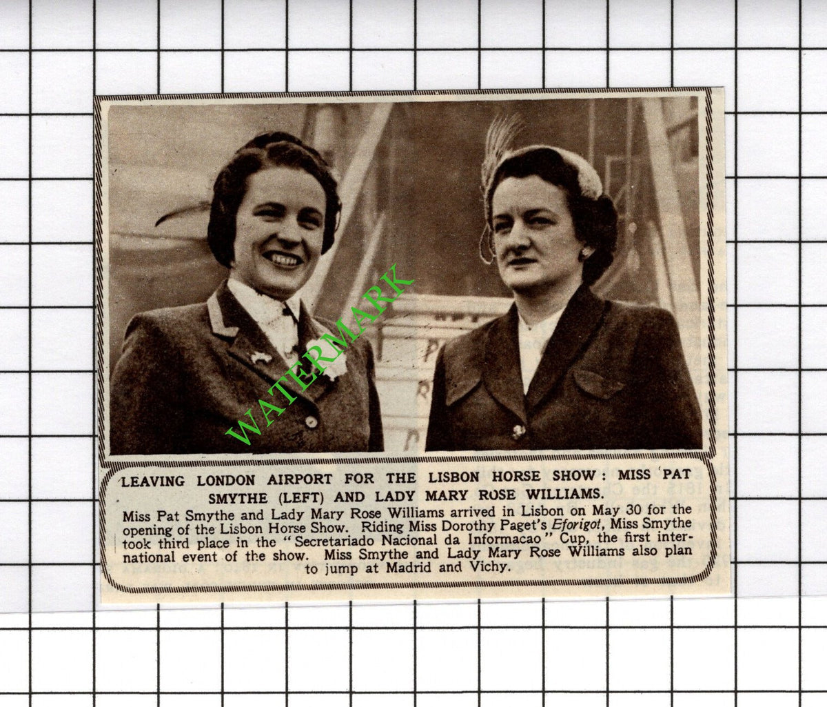 Miss Pat Smythe Lady Mary Rose Williams Lisbon Horse Show - c.1954 Cutting