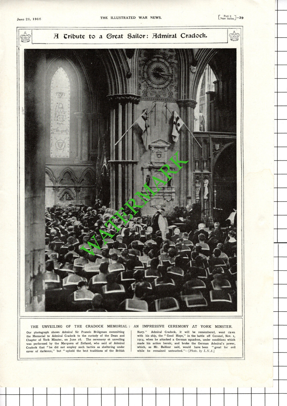 Admiral Sir Francis Bridgman Admiral Cradock York Minster - 1916 Cutting
