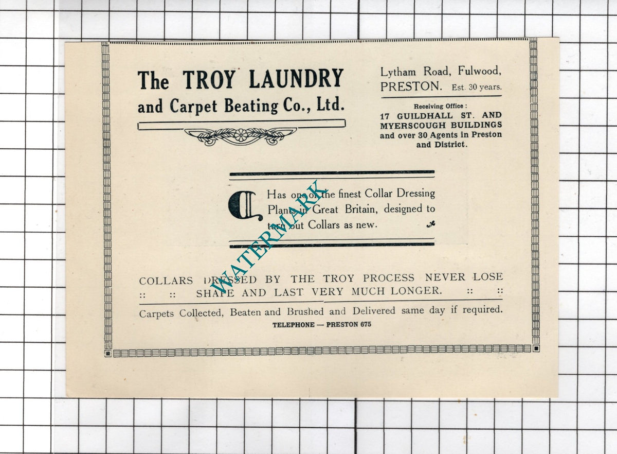 The Troy Laundry and Carpet Beating Co Ltd Fulwood Preston - 1922 Small Advert