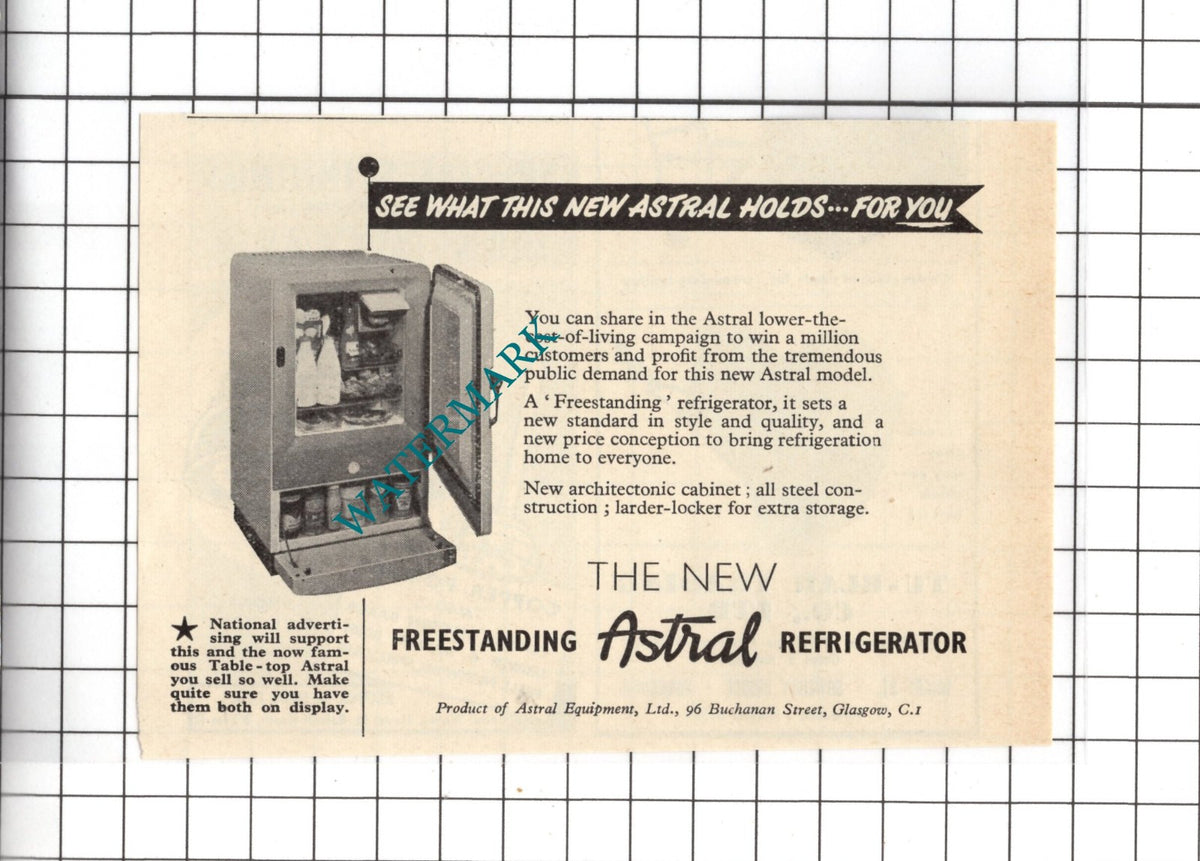 Aural Equipment Ltd Glasgow Astral Refrigerator - 1954 Small Advert