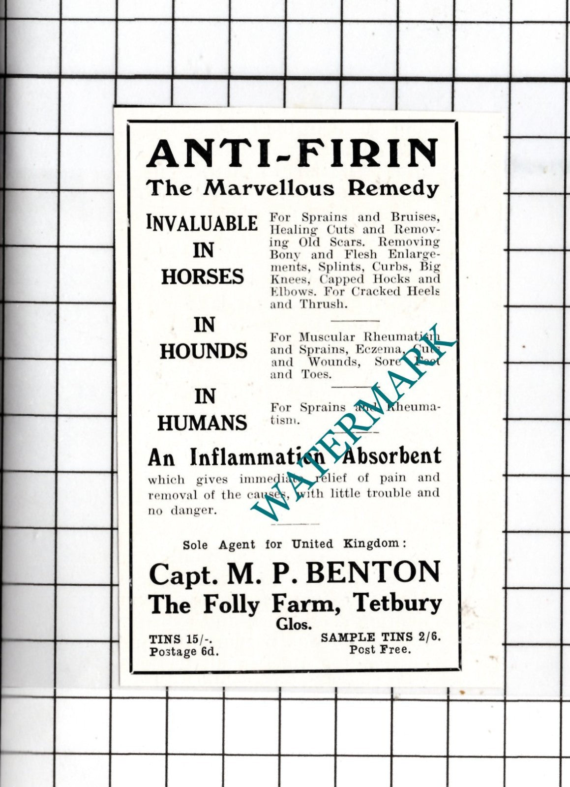 Captain M P Benton The Folly Farm Tetbury Gloucestershire - 1932 SMALL Advert