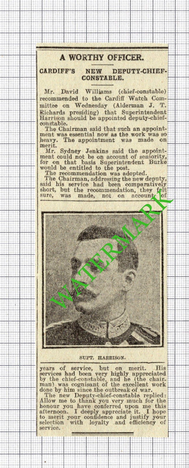 Supt Harrison Cardiff Deputy Chief Constable - 1916 News Cutting