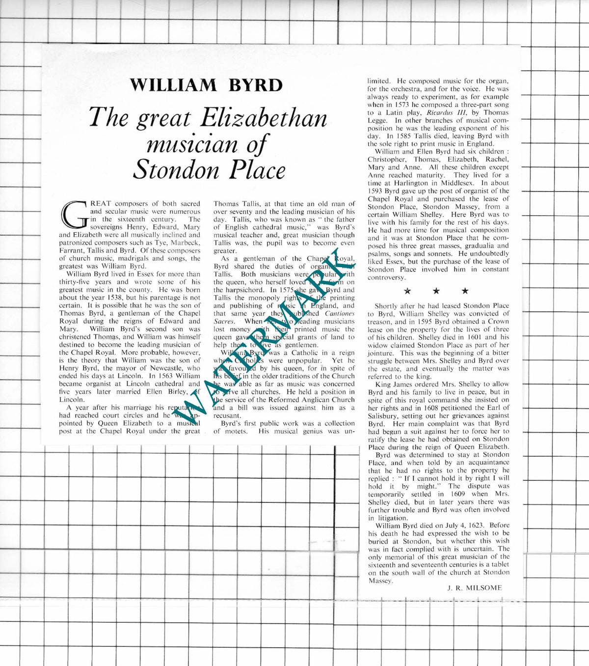William Byrd Elizabethan Musician - 1962 Clipping