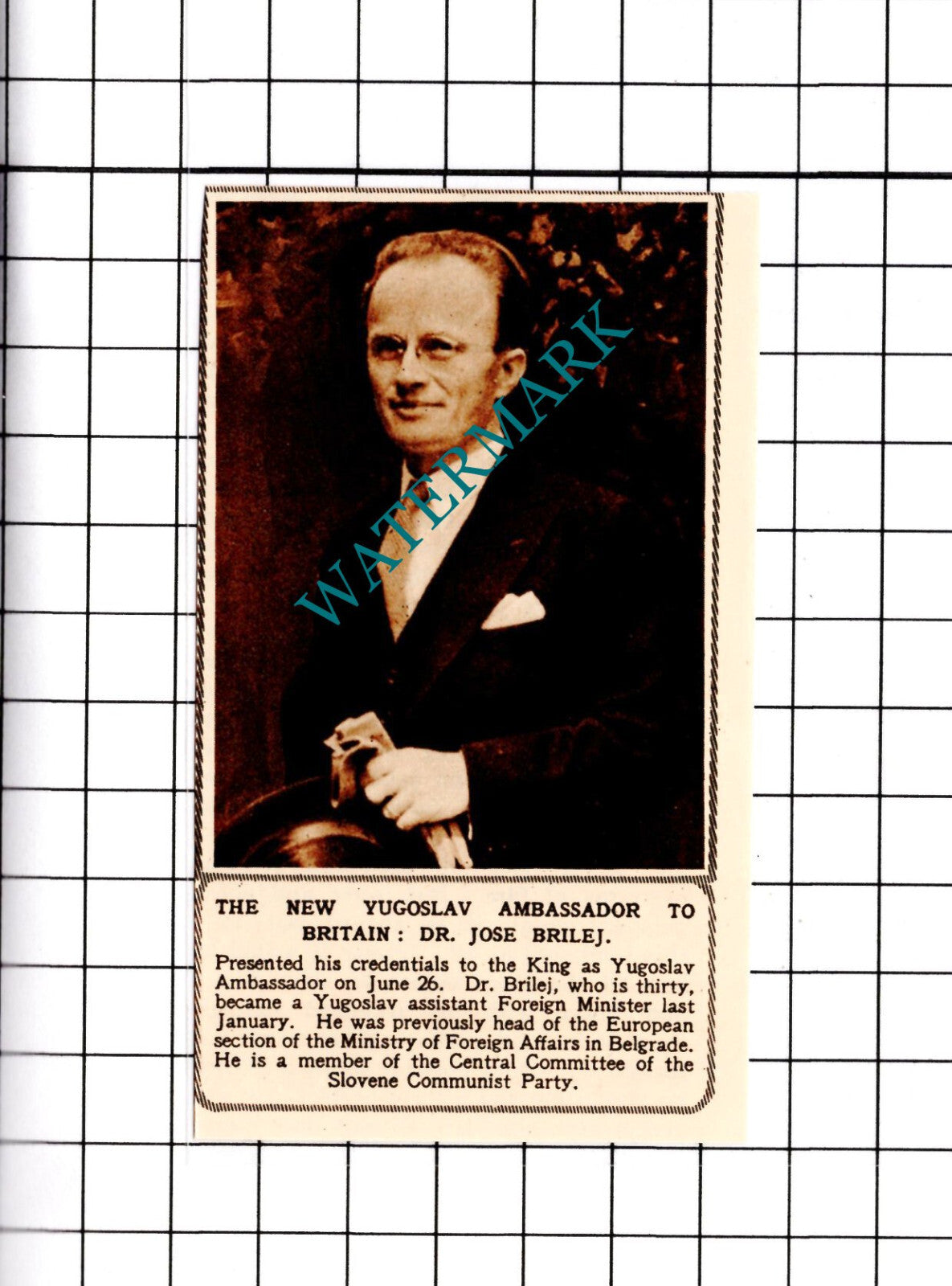 Dr Jose Brilej Yugoslav Ambassador - 1950 SMALL Clipping / Print