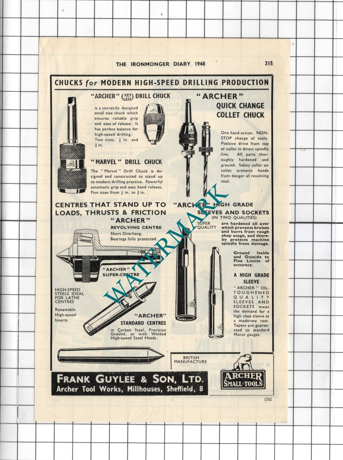 Frank Guylee & Son Ltd Archer Tool Works Millhouses Sheffield -1948 Small Advert