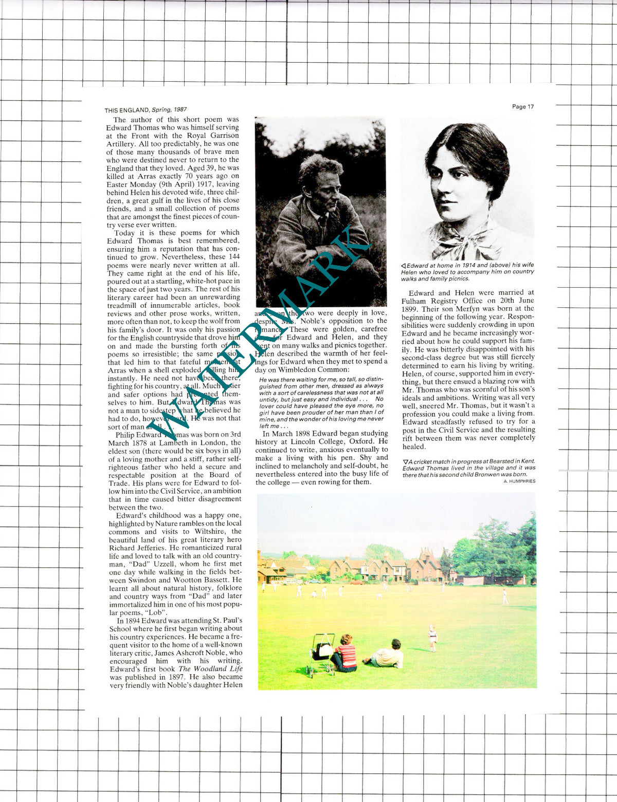 Edward Thomas Soldier Poet War Poet - 1987 Article