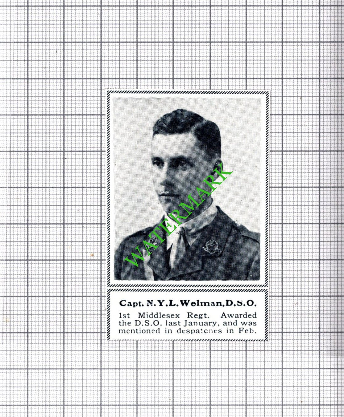 Capt N Y L Welman 1st Middlesex Regt - c.1918 SMALL Cutting