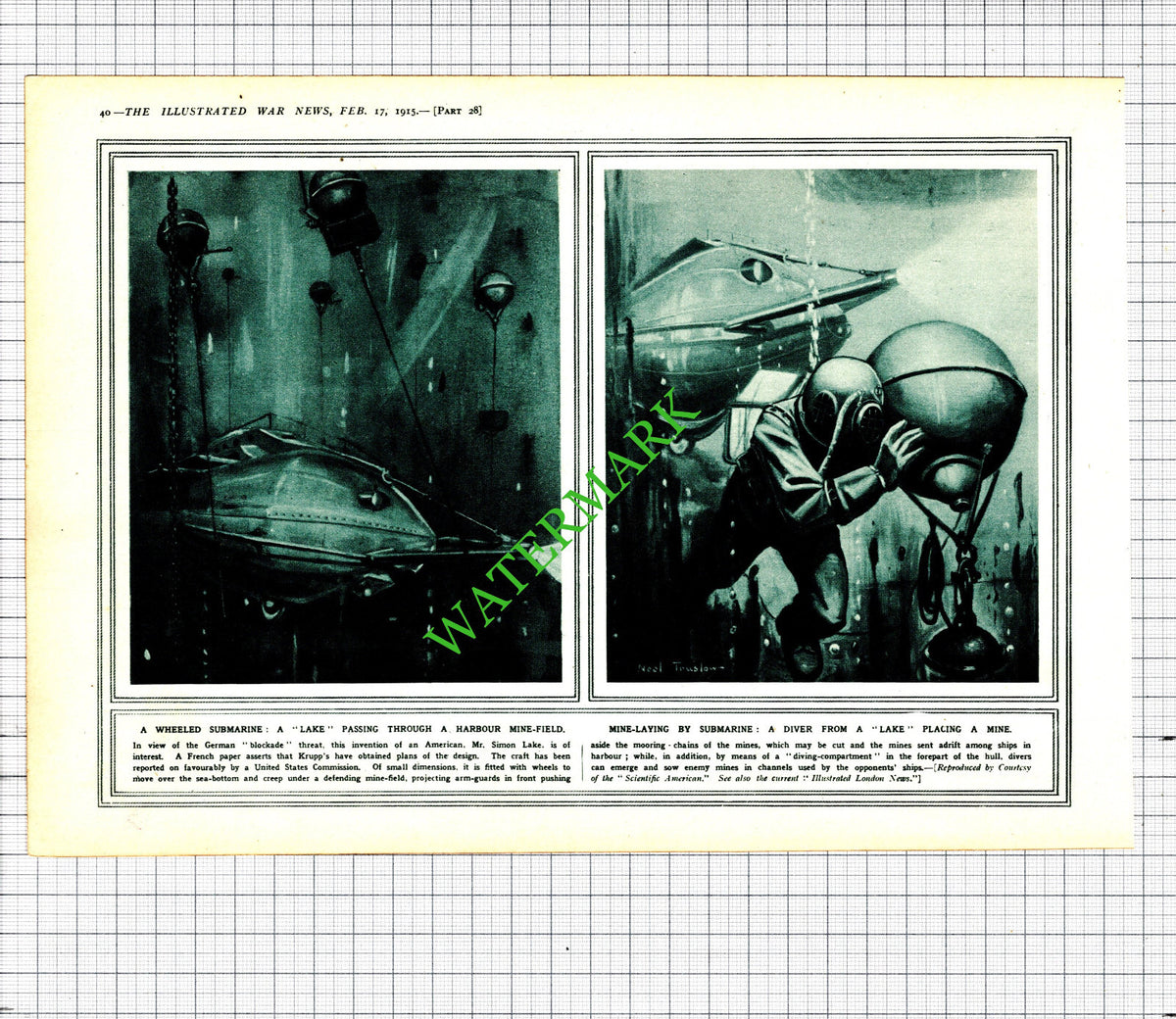 Simon Lake Submarine World War One WW1 -- 1915 Cutting / Print