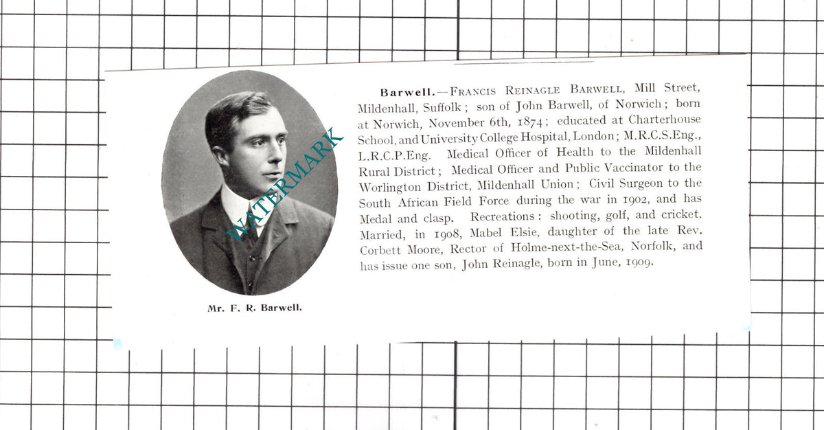 Mr Francis Reinagle Barwell Mildenhall Suffolk - 1911 Cutting