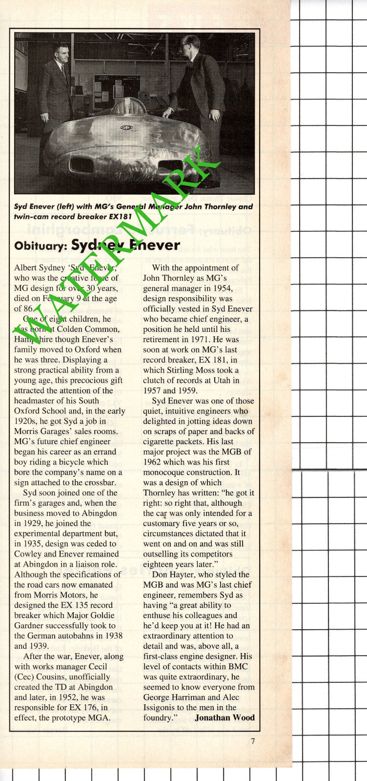 Albert Sydney Enever MG Cars John Thornley Obituary - 1993 Cutting