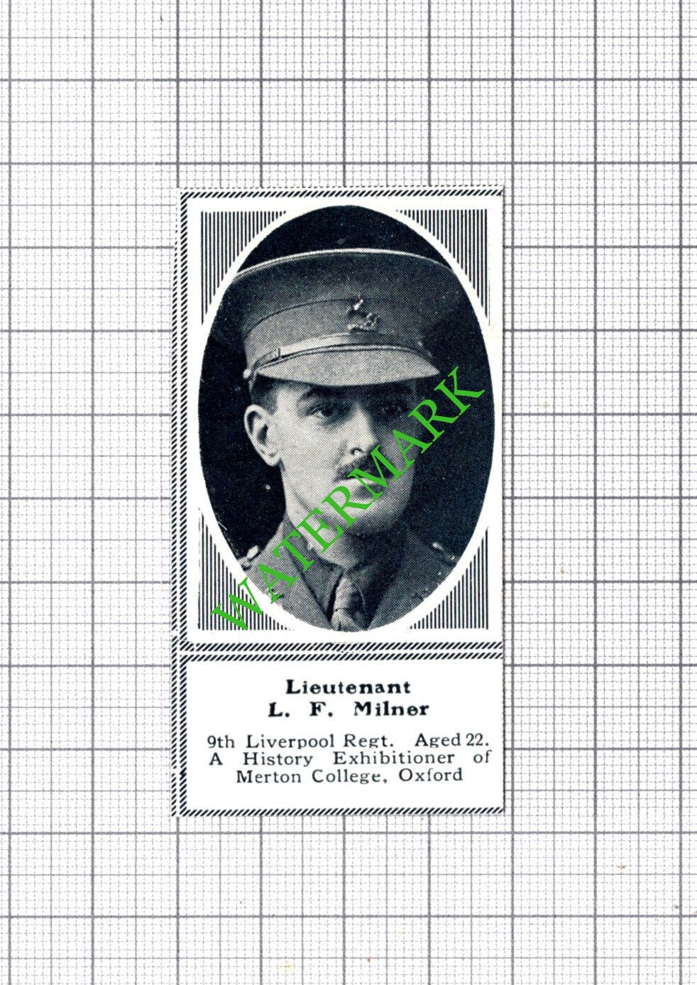 Lt LF Milner 9th Liverpool Regt Merton College Oxford WW1 - c.1918 SMALL Cutting