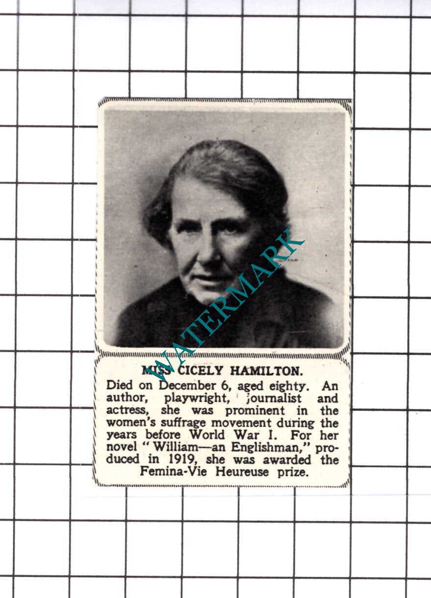 Miss Cicely Hamilton Author Obituary - 1952 Small Cutting