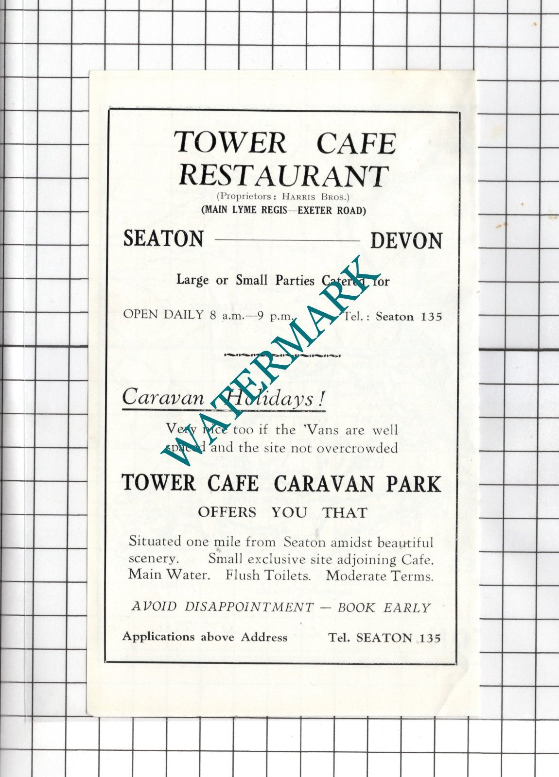 Tower Cafe Restaurant Seaton Devon Harris Bros Caravan Park- c.1954 Advert