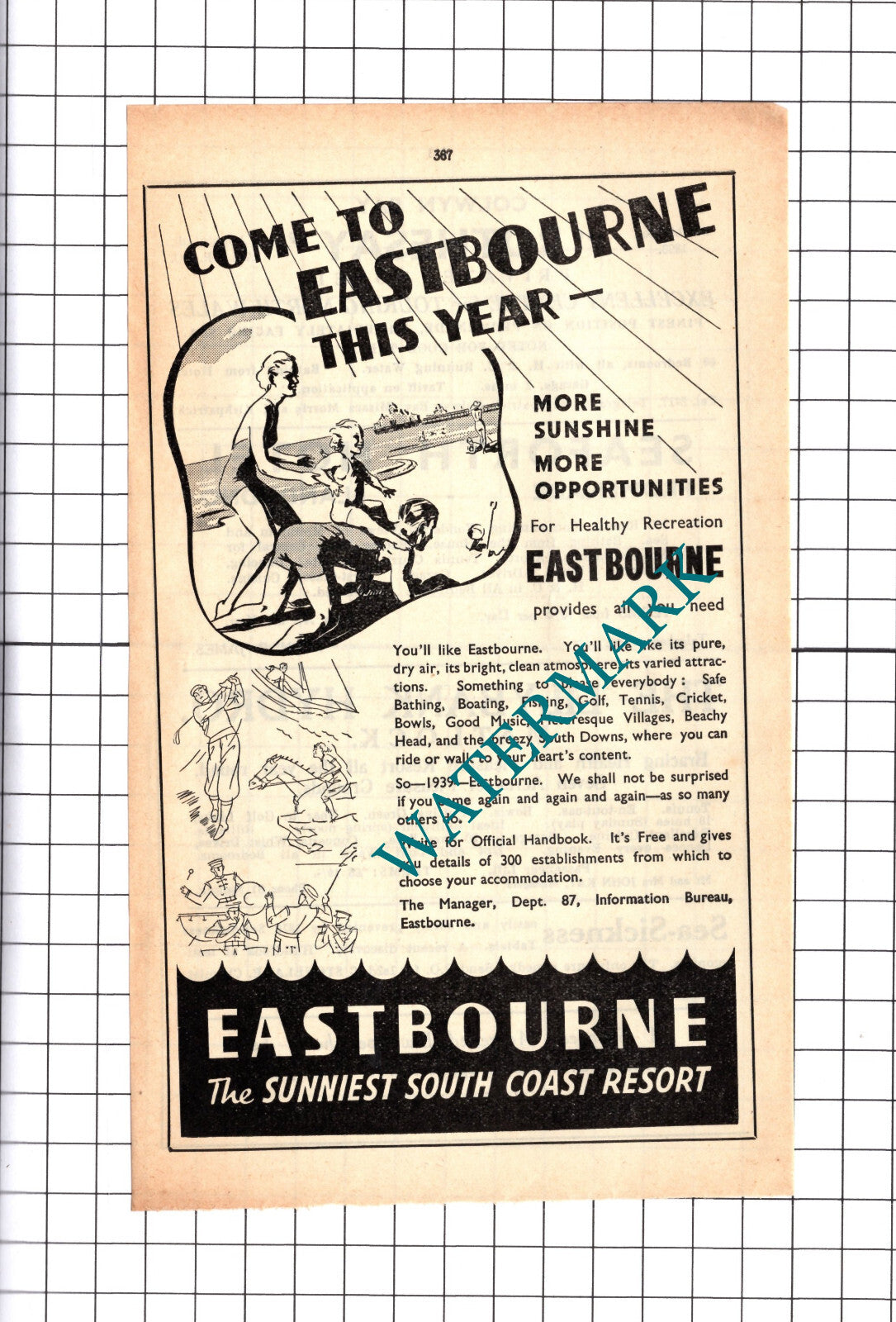 Eastbourne Holiday Advert - 1939 Cutting