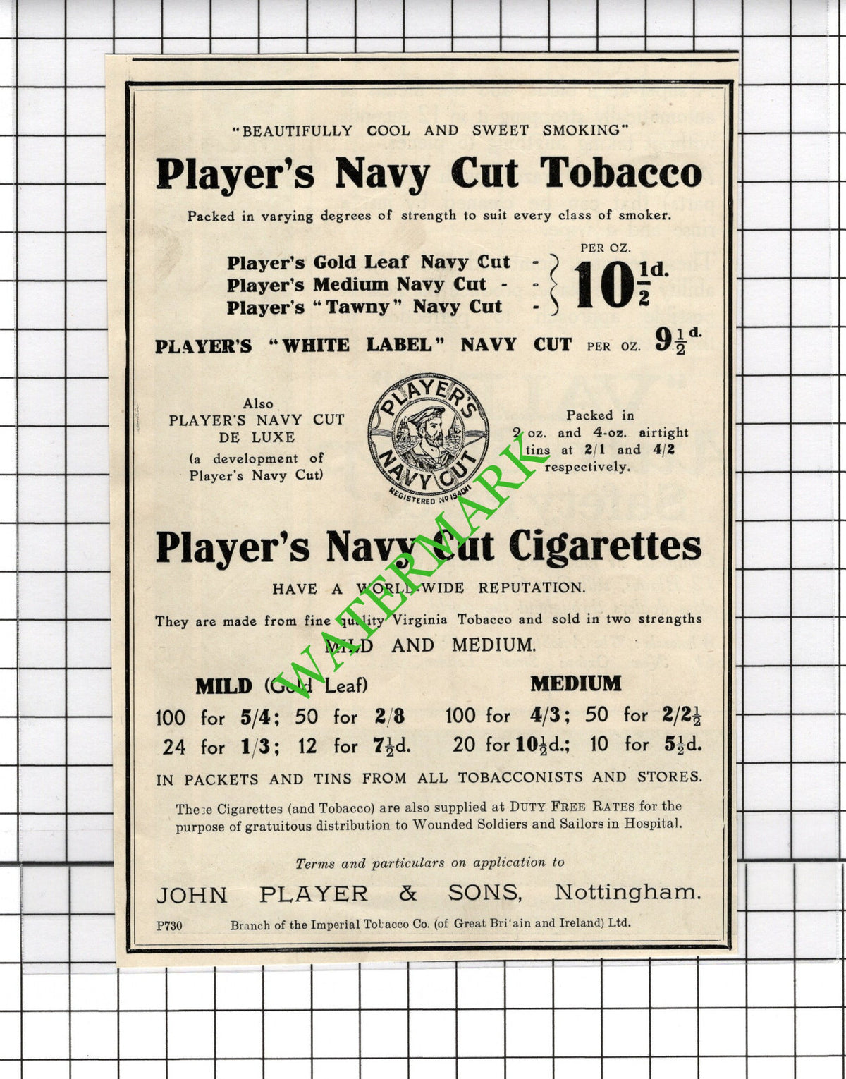 John Player & Sons Nottingham Player's Navy Cut Cigarettes Advert - 1918 Cutting