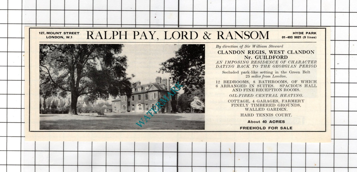 Clandon Regis West Clandon Surrey Sir William Steward - 1967 House Sale Advert