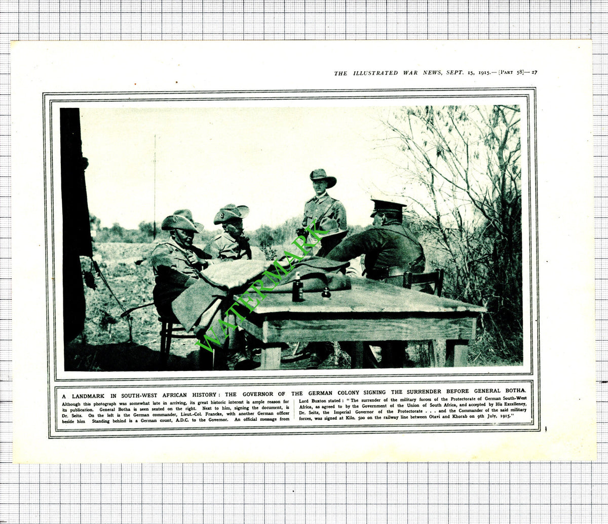 General Botha Dr Seitz Lt Col Francke World War One WW1 - 1915 Cutting / Print