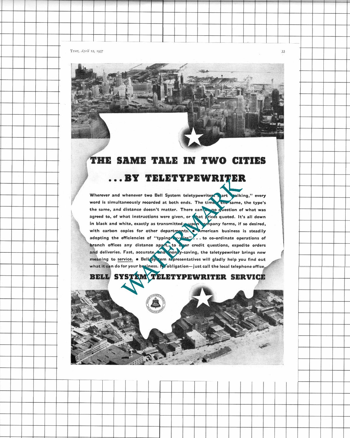 Bell System Teletypewriter Service Advert USA - 1937 Clipping / Print