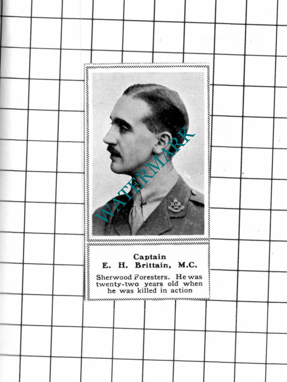Captain E H Brittain Sherwood Foresters WW1 - c.1918 SMALL Clipping / Print