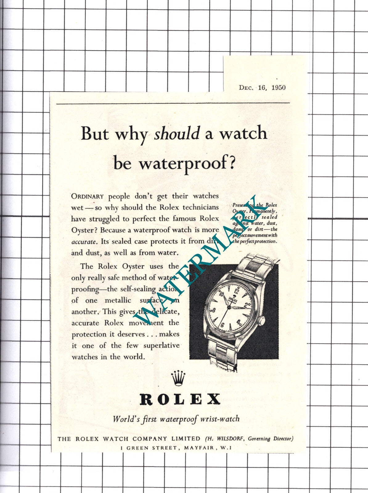 Rolex Oyster Watch Small ADVERT - 1950 Cutting / Print