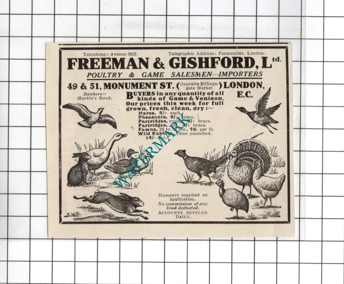 Freeman & Gishford Ltd London Poultry Salesmen - 1916 SMALL Advert