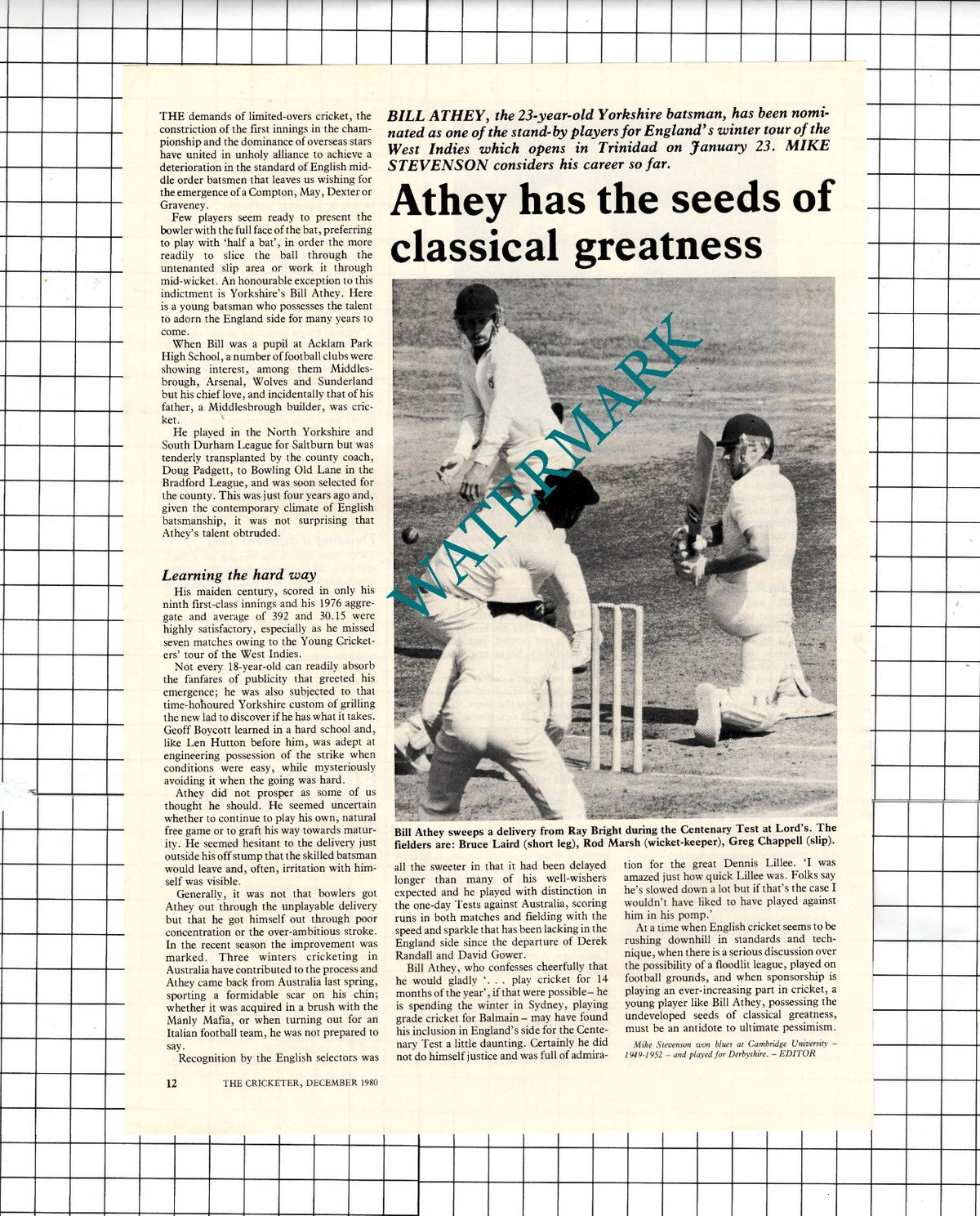 Bill Athey Cricketer Cricket - 1980 Article